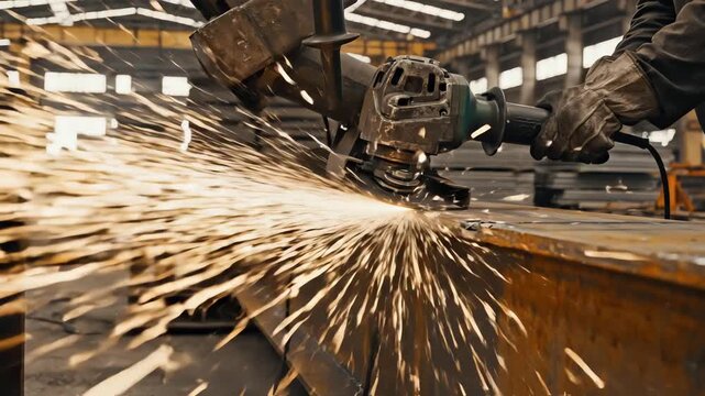 Worker grinding metal beam with angle grinder in industrial factory
