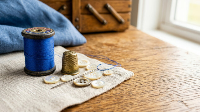 Vintage sewing supplies on a rustic wooden table. Blue thread spool with brass thimble needle and white buttons on linen fabric
