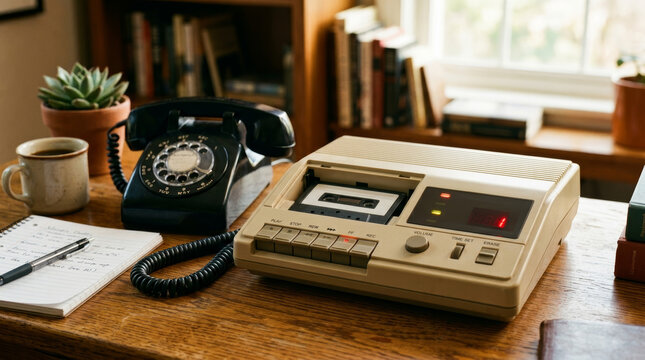 Vintage black rotary telephone and cassette tape answering machine on a wooden desk. Retro communication technology with notepad and coffee mug in a home office