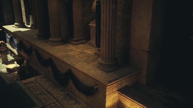 reclining lion statue under colonnade with glowing floor lights, broad marble plinths and carved reliefs, soft shafts of daylight highlight textured stone