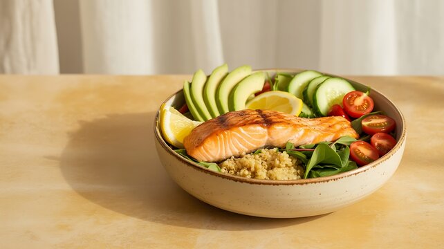 Healthy salmon salad bowl with fresh vegetables and quinoa