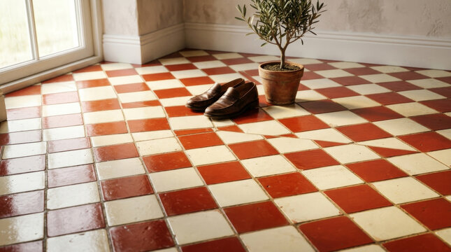 Classic red and white diagonal checkerboard tile floor in a retro interior. Brown leather loafers and a potted olive tree in natural window light