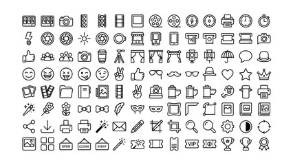Fototapeta premium Collection of diverse line icons featuring technology devices office equipment and lifestyle symbols on transparent background