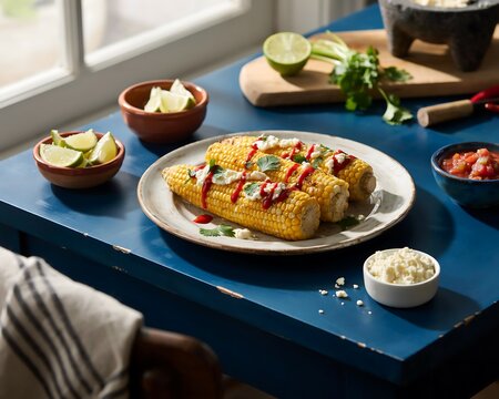 Freshly prepared grilled corn on plate with toppings and sides
