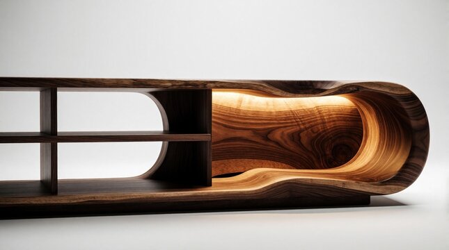 Modern wooden TV stand with open shelves, unique curved shape. Elegant media console features warm interior light, natural timber texture. Luxury furniture piece provides minimalist storage for