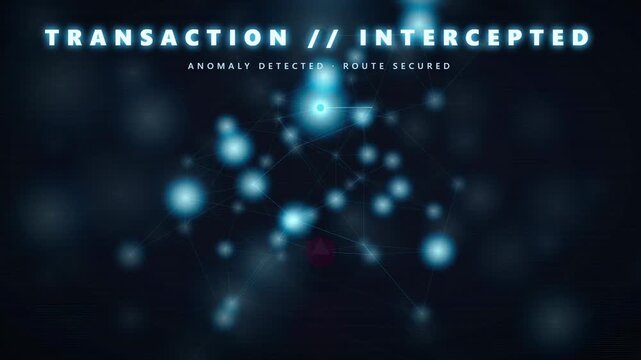 Digital network visualization with intercepted transaction alert and data anomaly detection on dark background