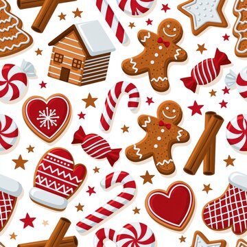 Seamless pattern with gingerbread cookies and candy canes for festive holiday decoration