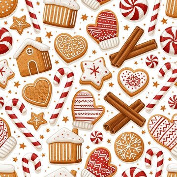 Seamless pattern with gingerbread cookies and candy canes for winter holiday celebration