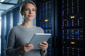 Obraz na płótnie Canvas Blond female engineer holds tablet in dark server room. Pro woman checks hardware infrastructure status near blinking racks. Specialist monitors network system performance in modern digital data