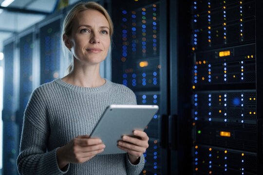 Blond female engineer holds tablet in dark server room. Pro woman checks hardware infrastructure status near blinking racks. Specialist monitors network system performance in modern digital data