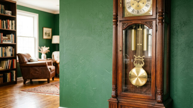 Vintage wooden grandfather clock with brass pendulum against a green wall. Classic home interior with cozy living room background. Retro timekeeping concept