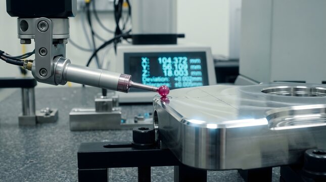 Coordinate measuring machine CMM probe inspecting a precision machined metal component for quality control