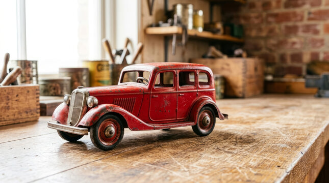Vintage red metal toy car on a rustic wooden workbench. Retro miniature model vehicle in a workshop. Nostalgic childhood concept