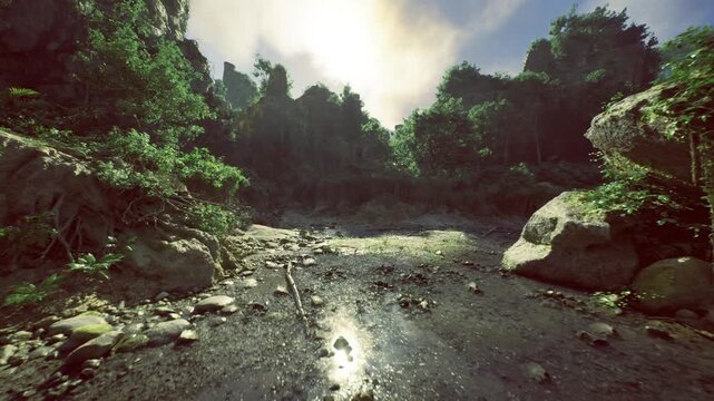 warm goldenhour creek with shallow pools and pebbled bed, glinting reflections on wet rock and thin algae bands, quiet ambient light across lush banks suggests