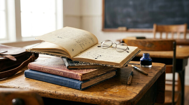 Open vintage composition book with spectacles on a wooden school desk. Antique classroom setting with old books and inkwell