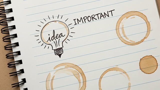 Notebook page with a lightbulb idea illustration and coffee stains, highlighting importance
