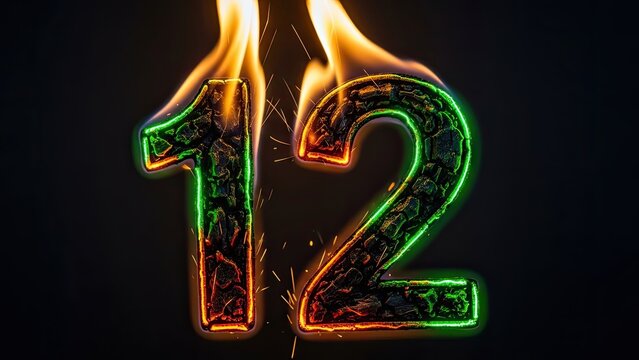 Numerical "12" ablaze with colorful flames, embers, and neon highlights against dark background