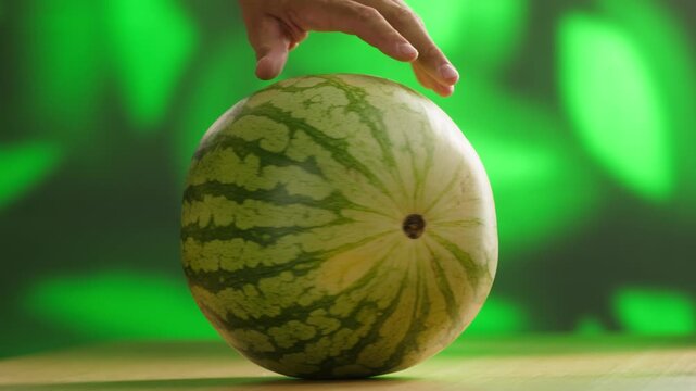 Man cutting watermelon - cut piece with knife. Young watermelons Citrullus lanatus. Topic - melons and gourds, farmer cultivation of watermelons