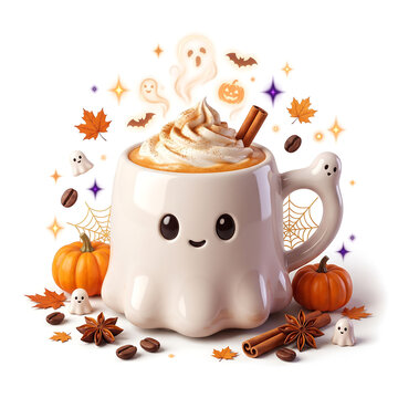 Festive autumn beverage in a ghost shaped mug with seasonal decorations autumnal