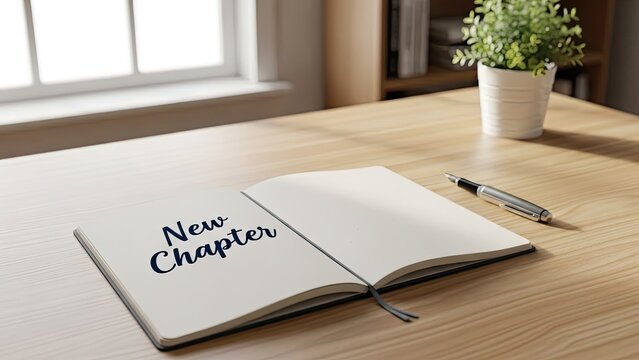 Open notebook with ?New Chapter? text, pen, plant, and window on a wooden table