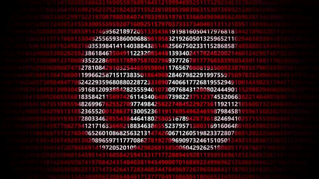 Abstract digital background featuring a 65 number shape formed by bright white numbers against a flowing red numerical stream alphabet data code technology math