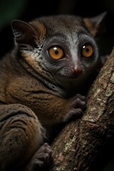 Fototapeta premium Small nocturnal bushbaby sits on tree bark in dark forest. Cute primate big orange eyes, soft grey fur. Wild galago looks into camera lens at night. African mammal rests in jungle habitat. Exotic