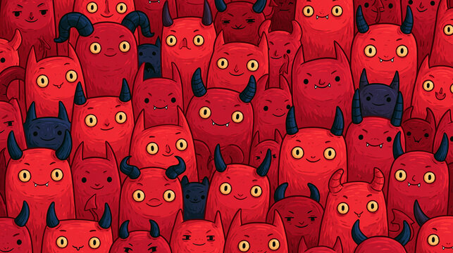 Vibrant illustration of playful, mischievous red monsters with various expressions.