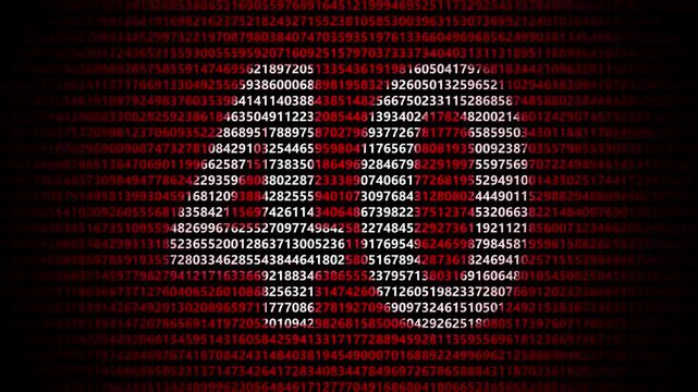 Abstract digital background featuring a 40 number shape formed by bright white numbers against a flowing red numerical stream alphabet data code technology math