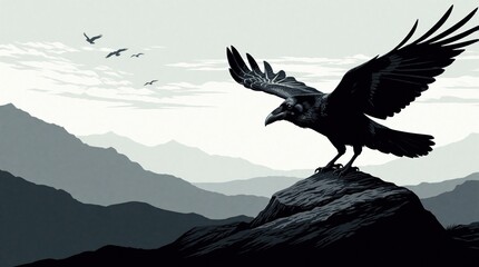 Fototapeta premium Black raven silhouette perches on rocky mountain peak. Large wings spread wide against misty valley background. Birds fly across cloudy sky. Dark moody nature landscape illustration shows wild bird