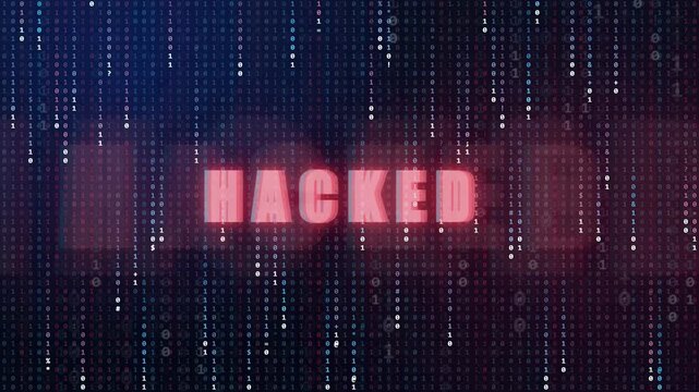 Digital security breach animation with red hacked text over falling binary code background