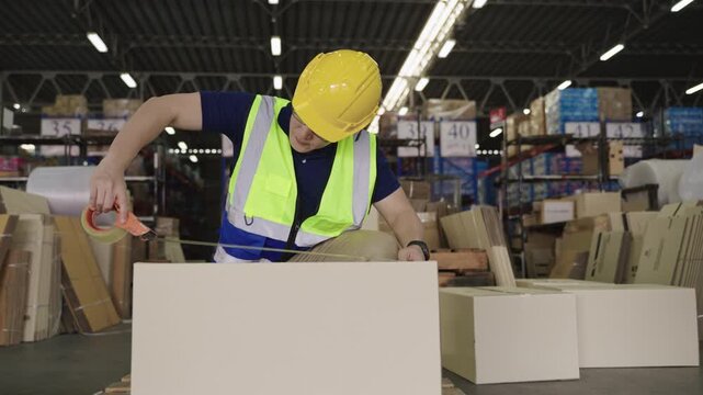 Happy Asian male warehouse worker in uniform with yellow safety helmet, smiling and demonstrating how to pack goods in cardboard box and seal it with tape, thumbs up in logistics distribution center. 