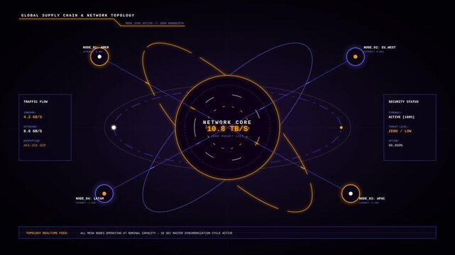 Futuristic Motion Science Data Visualization with Dynamic Atomic Orbitals and Digital Network.