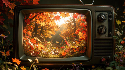Obraz premium Old vintage television displays autumn forest landscape inside screen. Sunlight filters through orange maple leaves colorful butterflies fly around blooming meadow flowers. Retro tv set stands