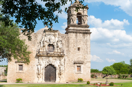 Baroque Facade and formal gardens of the Mission San Jose (Mission San Jose y San Miguel de Aguayo), San Antonio, Texas, USA