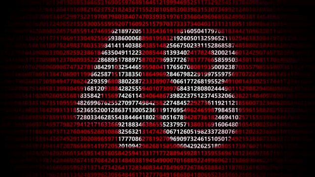 Abstract digital background featuring a 48 number shape formed by bright white numbers against a flowing red numerical stream alphabet data code technology math