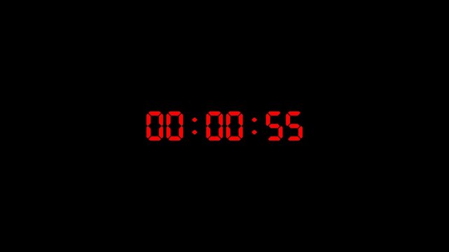 digital animated One minute countdown animation on a transparent background, 1 minute c countdown timer from 60 to 0 second with alpha channel, one minute  countdown video	