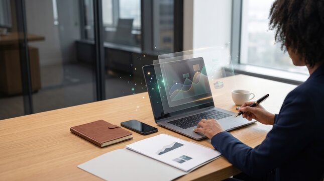 Business professional working at wooden desk with laptop, floating charts and graphs in modern office, notebook and coffee cup nearby, focused data analysis and productive workspace