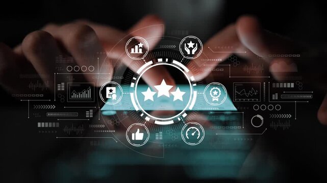 Digital interface featuring hands interacting with graphical icons and data, emphasizing user experience and feedback in a modern technological environment. Entropy.