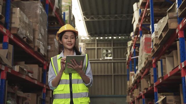 Young Asian woman warehouse worker in uniform with a yellow safety helmet, holding and using a digital tablet, walking and checking inventory on shelves in a logistics distribution factory center. 