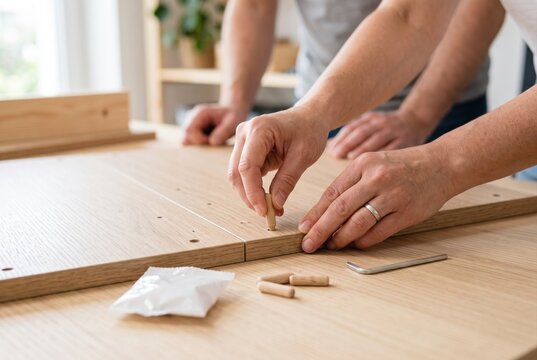 Two people working together to insert a wooden dowel into a flat pack furniture board on a table