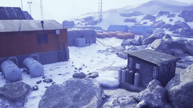 snow covered outpost on rocky shore, rusted tanks and corrugated roofs frame barren compound, scattered crates and pallets beside icy paths, low blue light