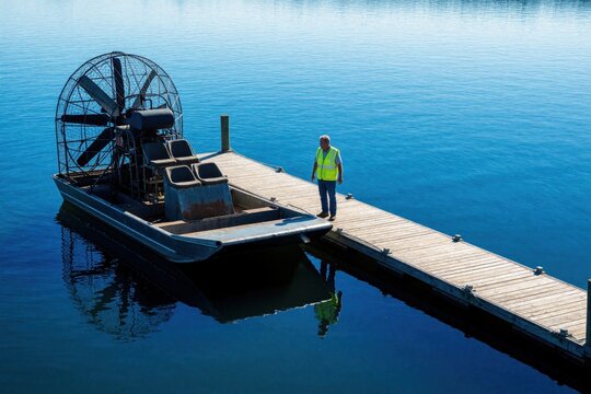 Mature man in yellow safety vest stands on wooden dock near airboat. Fan boat parks at pier on blue water lake. Operator prepares for swamp tour adventure trip in wilderness area. Travel guide