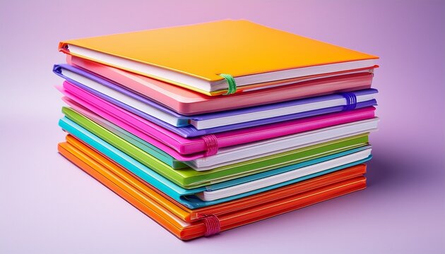 stack of colorful notebooks or binders the stack is made up of multiple books of different colors pink yellow orange green blue purple and white