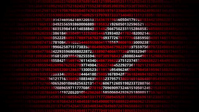 Abstract digital background featuring a 52 number shape formed by bright white numbers against a flowing red numerical stream alphabet data code technology math