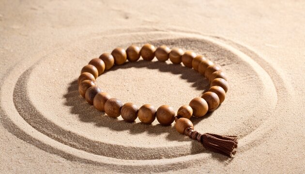 traditional wooden mala bead necklace in circle on fine beach sand