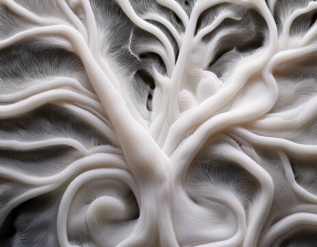 macro view of white organic mycelium network representing sustainable bio materials and eco friendly packaging technology solutions