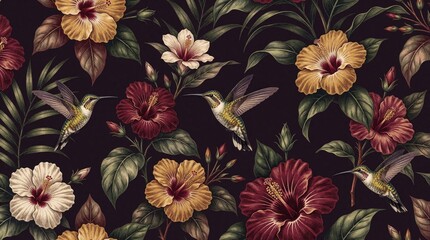 Fototapeta premium Seamless floral pattern with hummingbirds, tropical hibiscus flowers on dark background. Vibrant exotic birds fly among colorful botanical foliage, green leaves. Elegant retro print design for