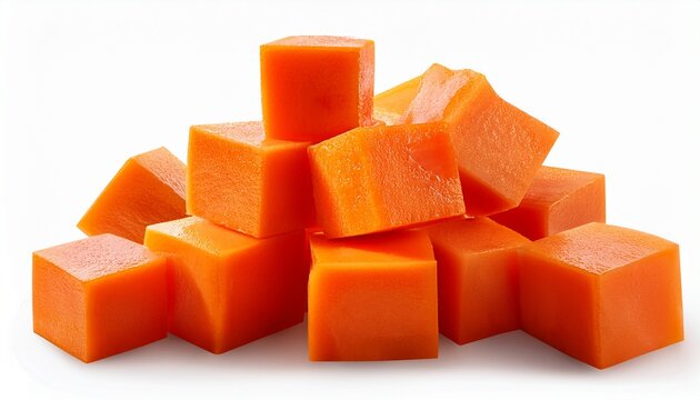 ripe orange papaya fruit cubes piled together isolated on white background for healthy breakfast and tropical food design cutout