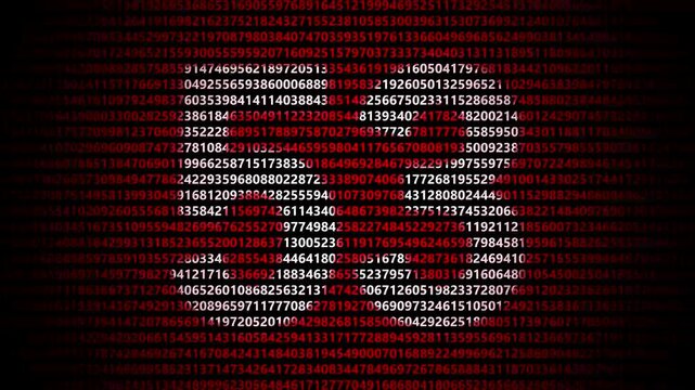 Abstract digital background featuring a 53 number shape formed by bright white numbers against a flowing red numerical stream alphabet data code technology math