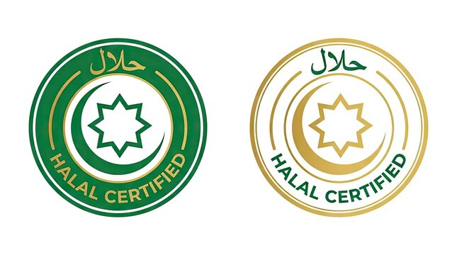 Green and gold halal certified quality assurance stamps.